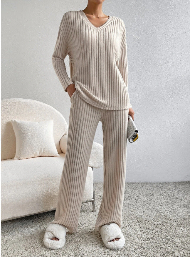 Straight-leg Pants With Relaxed Fit V-Neck Ribbed Knit Set
