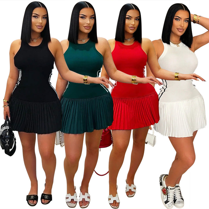 Sleeveless Crew Neck Pleated Skirt
