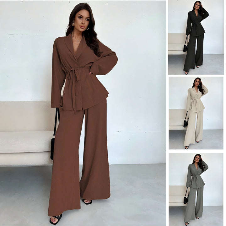 V-neck Elegant Long-Sleeve Wide-Leg Pantsuit