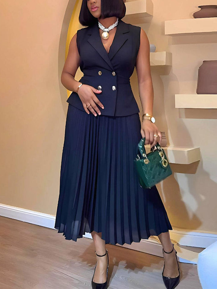 Sleeveless Blazer Pleated Maxi Skirt Set Black / L