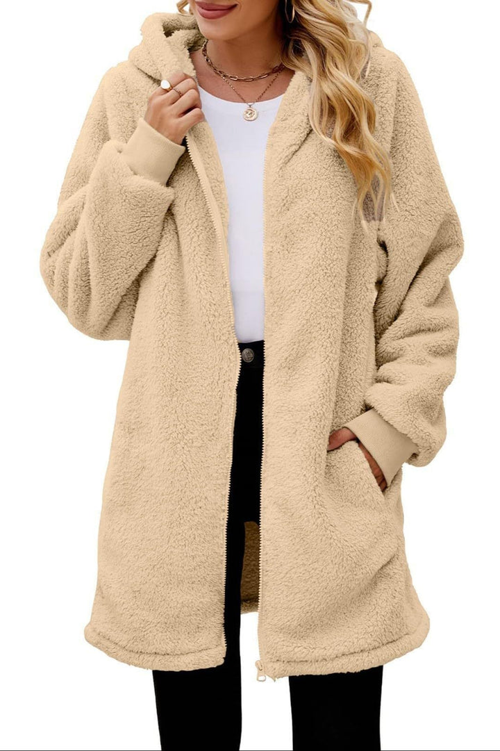 Loose-fit Fleece-Lined Long-Sleeve Hooded Zip-Up Cardigan Jacket
