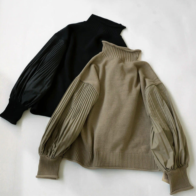 High-Neck Patchwork Pleated Sleeve Solid-Color Knit Sweater