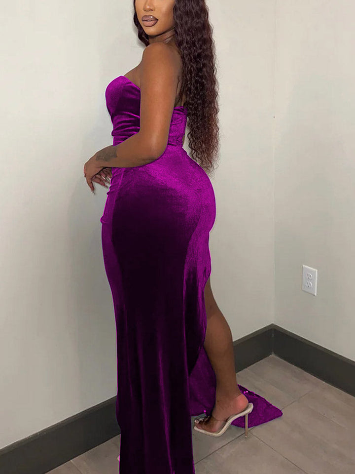 Sequin Velvet Draped Gown Dress Red / M