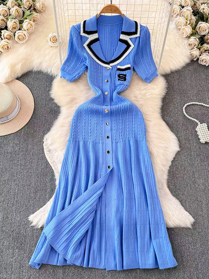 Knit Letter Embroidery Midi Dress Beige / XL