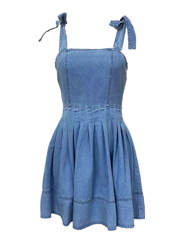 Bow Strap Denim Dress Light Blue / XL