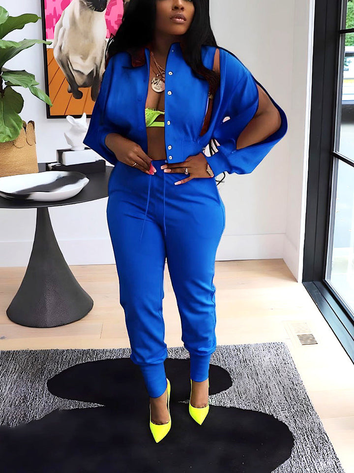 Zipper Crop Jacket Jogger Set *Blue / 2XL