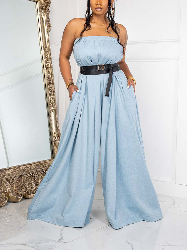 Strapless Loose Jumpsuit With Belt Light Blue / M