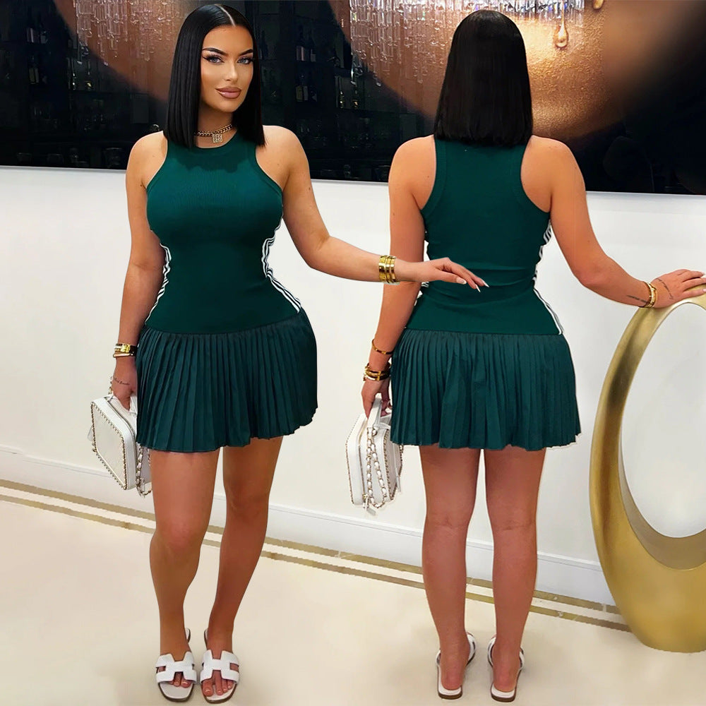Sleeveless Crew Neck Pleated Skirt