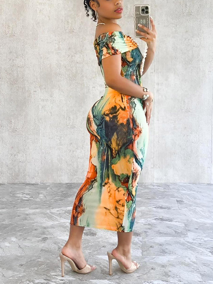 Printed Off Shoulder Dress Orange Combo / 2XL