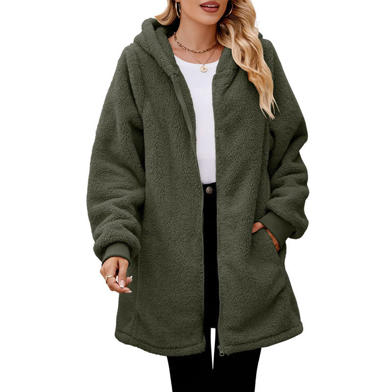Loose-fit Fleece-Lined Long-Sleeve Hooded Zip-Up Cardigan Jacket