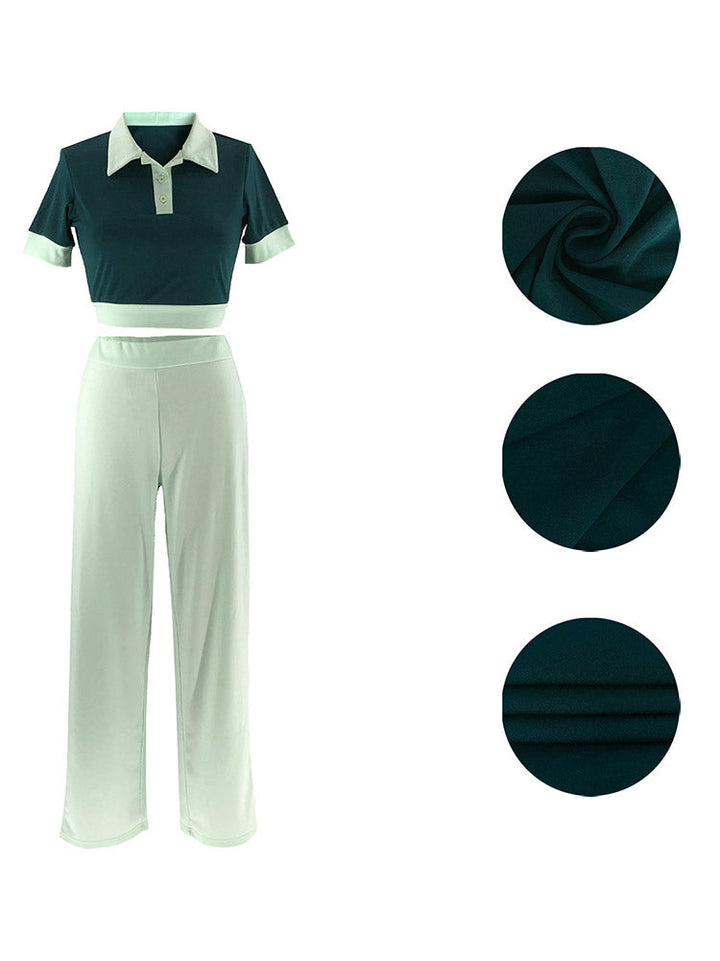 Contrast Crop Top & Pants Set Green / XL