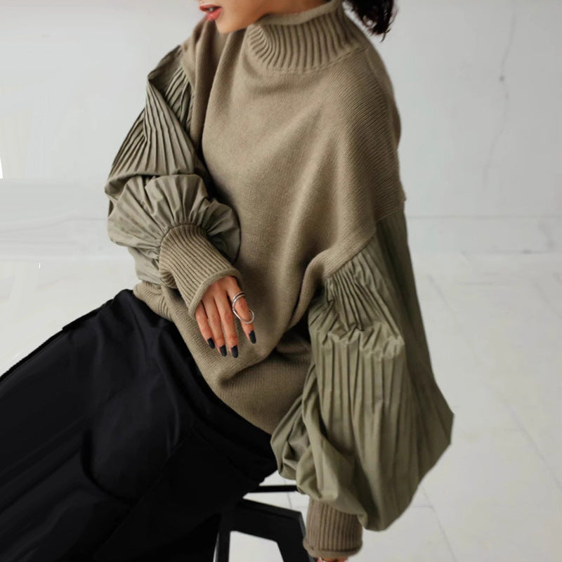 High-Neck Patchwork Pleated Sleeve Solid-Color Knit Sweater