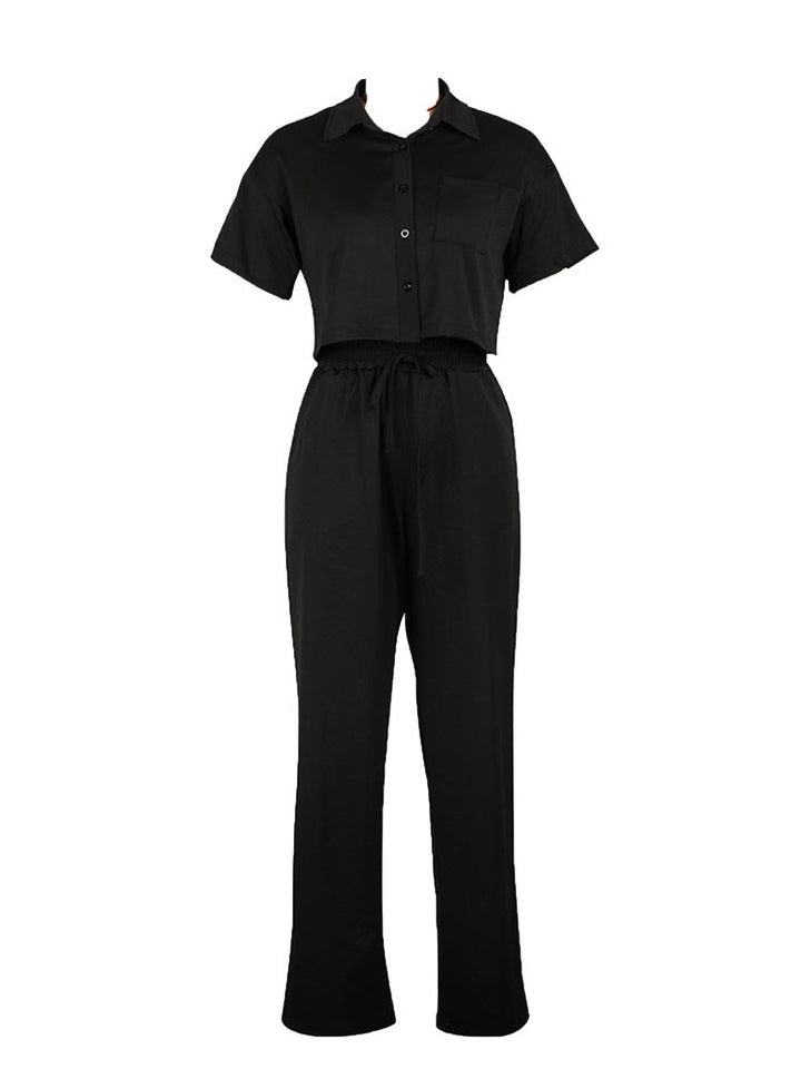 Linen Crop Top & Pants Set Black / 2XL