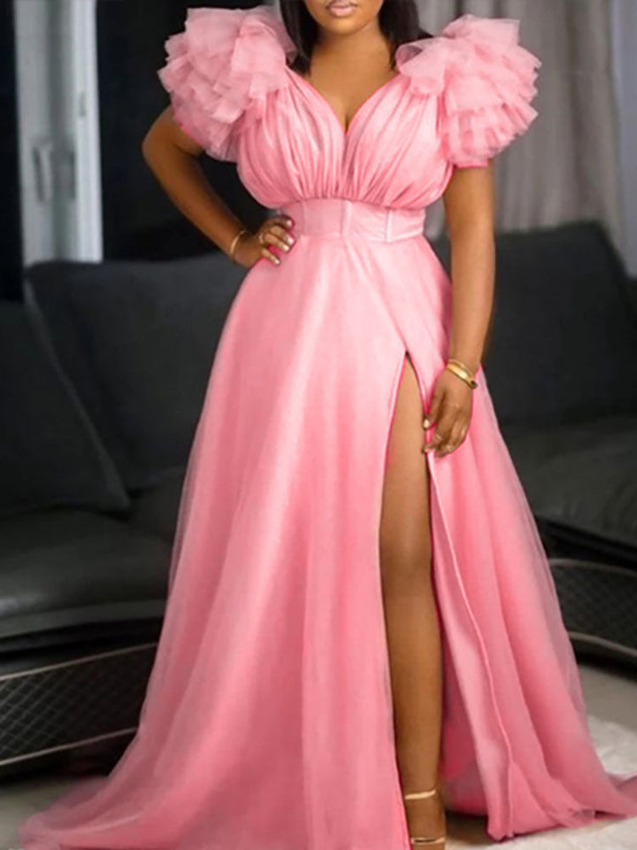 Tulle Ruffle Maxi Dress Red / L