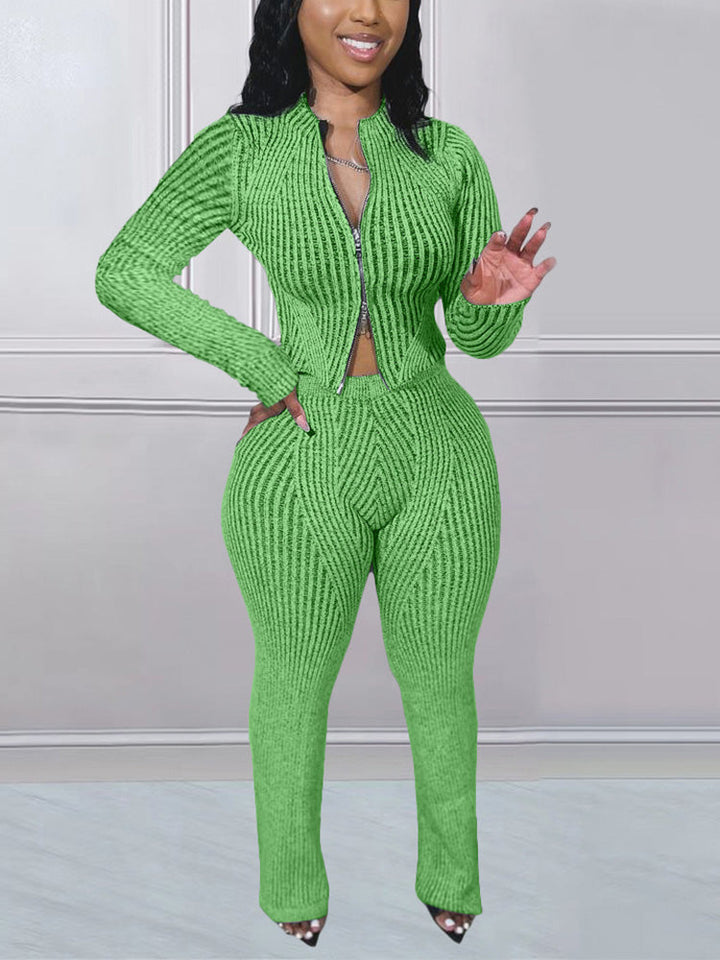 Knit Zipper Crop Top Slim Pants Set *Blue / L