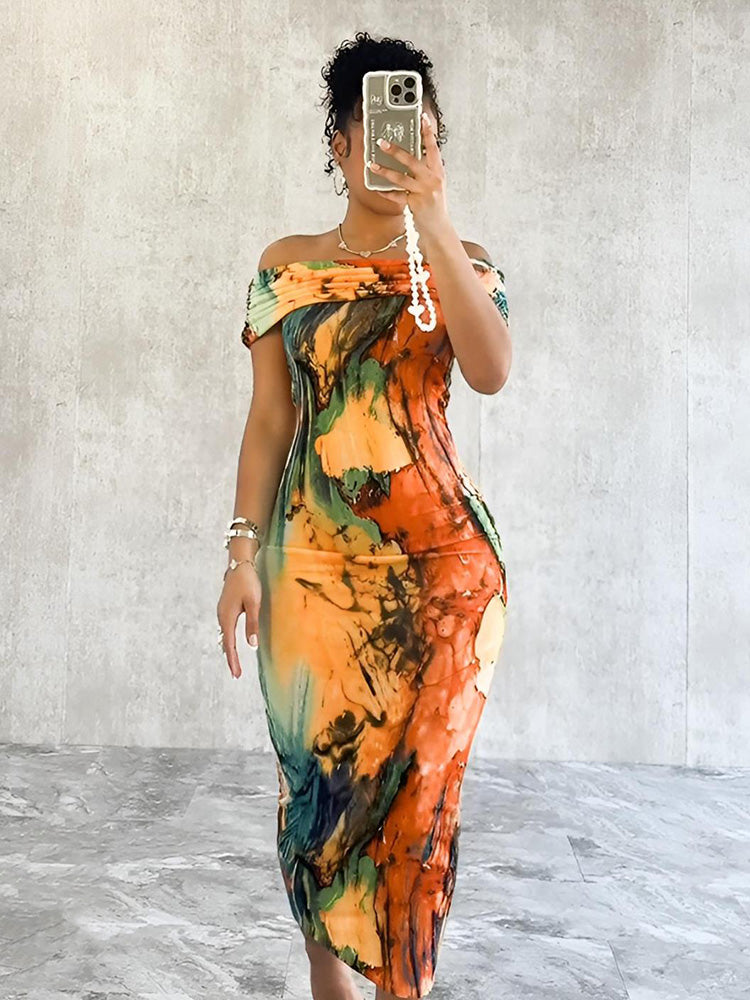 Printed Off Shoulder Dress Orange Combo / L