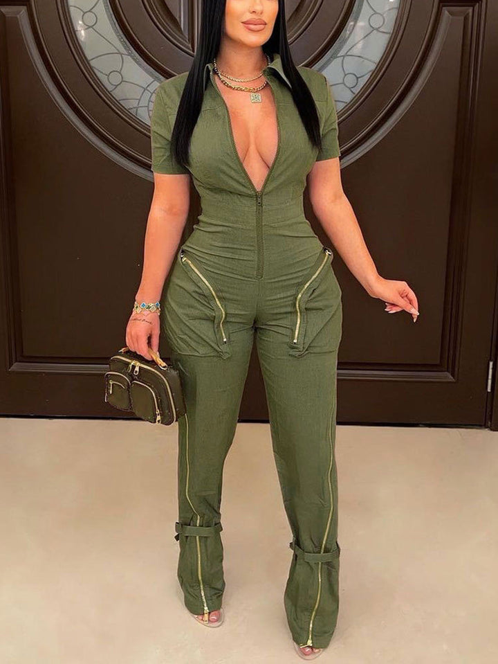 Zipper Cargo Pocket Utility Jumpsuit Black / M