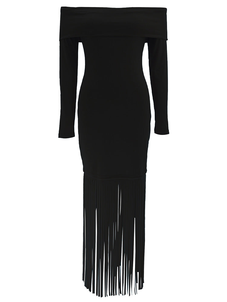 Off Shoulder Fringe Dress Black / M