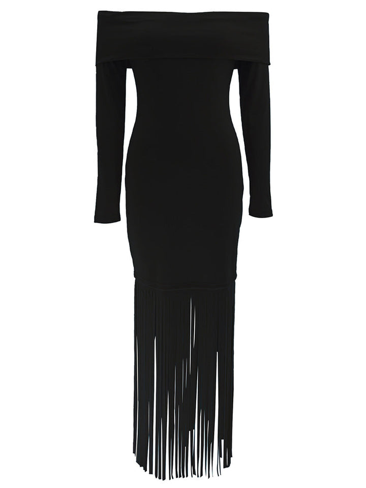 Off Shoulder Fringe Dress Black / M
