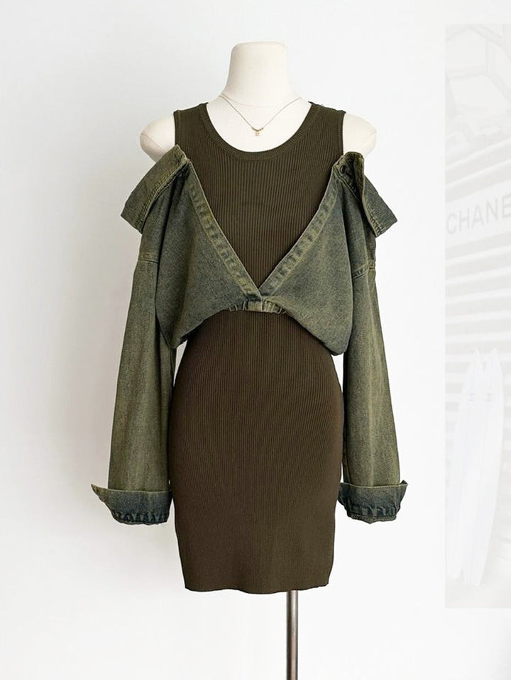 Denim Contrast Ribbed Mini Dress Olive Green / L