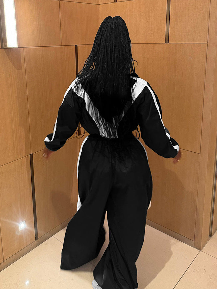 Sporty Crop Jacket & Wide Pants Set Black / 2XL