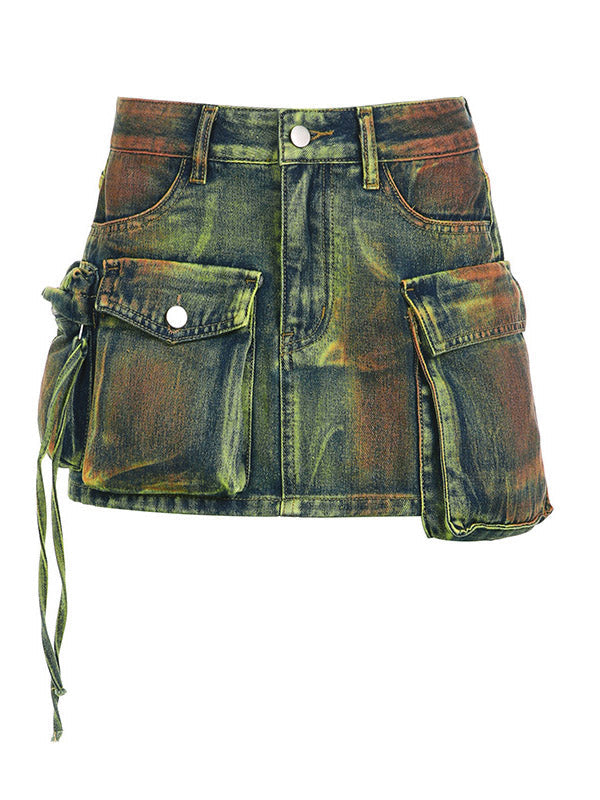 Denim Vintage Washed Cargo Skirt Set Pants / L