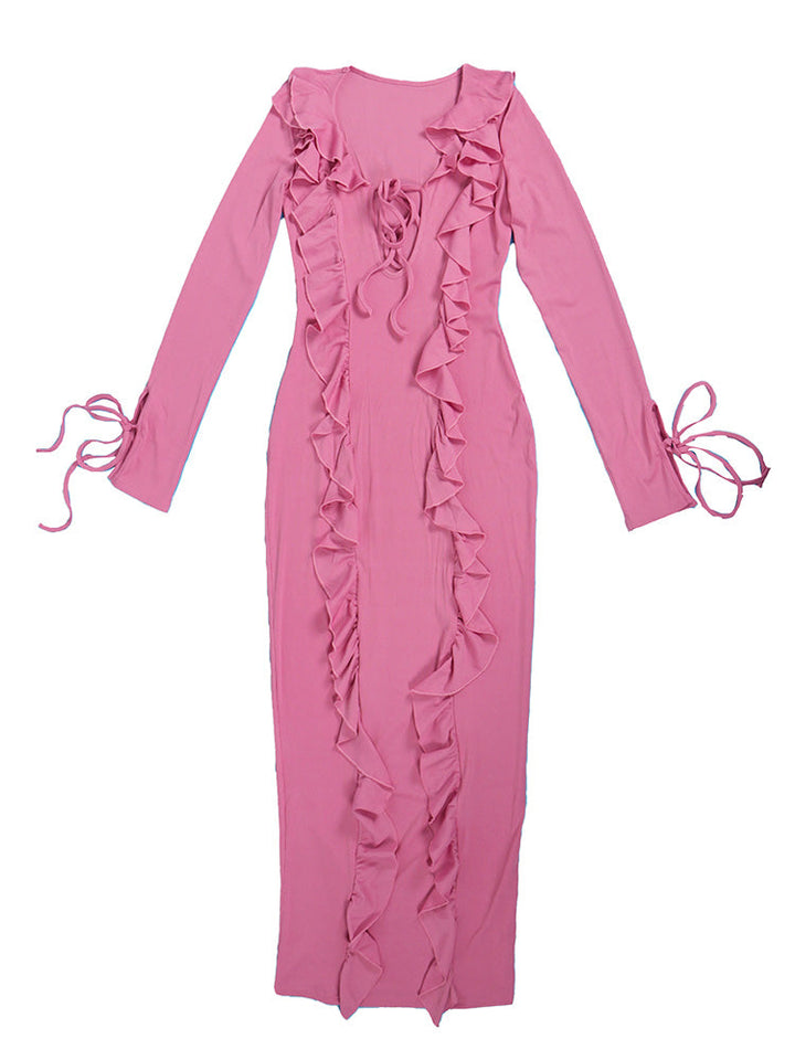 Ruffle Lace-Front Maxi Dress Apricot / L