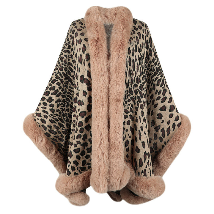 Leopard-Print Faux Fur Collar Cape Cardigan Shawl Sweater