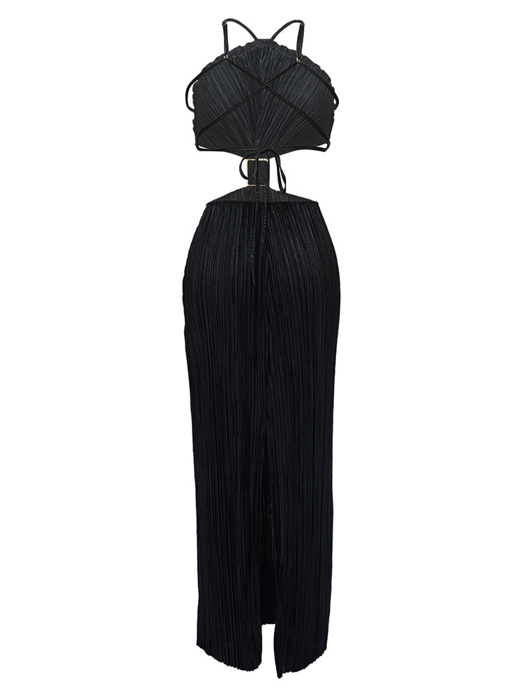 Halter Cutout Pleated Dress White / M