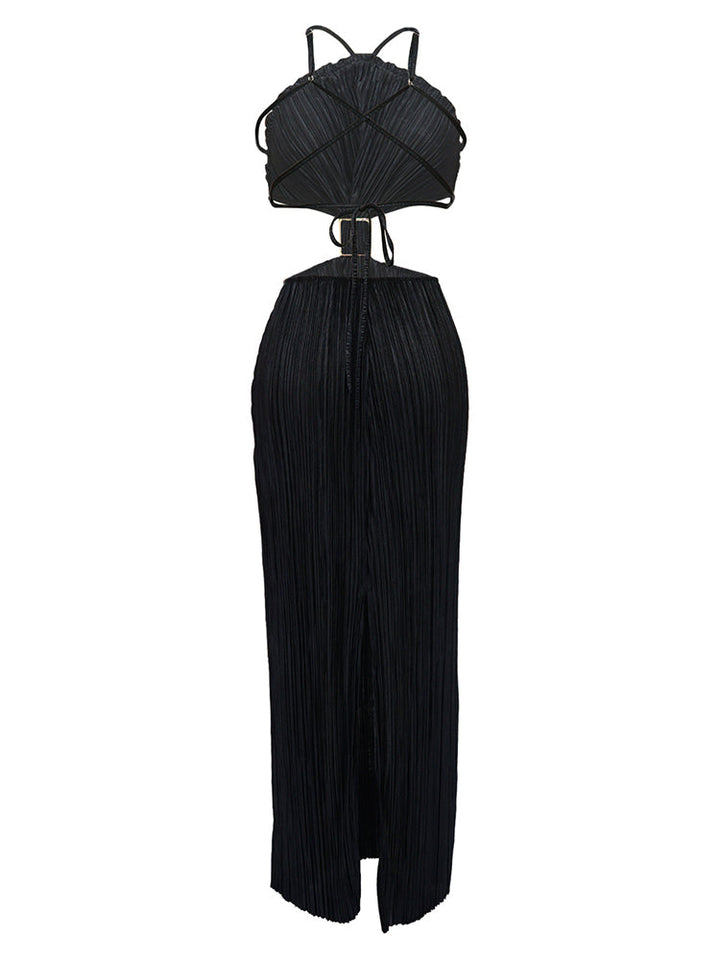 Halter Cutout Pleated Dress White / M
