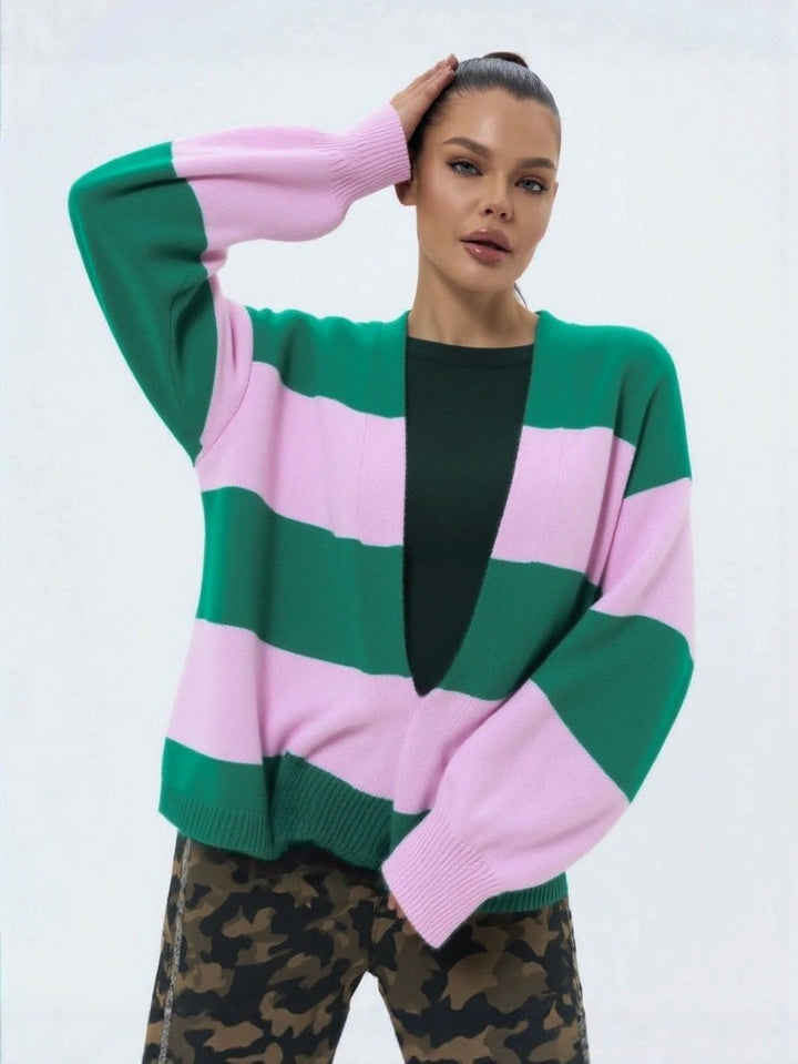 Contrast-Striped Cardigan Knit Sweater