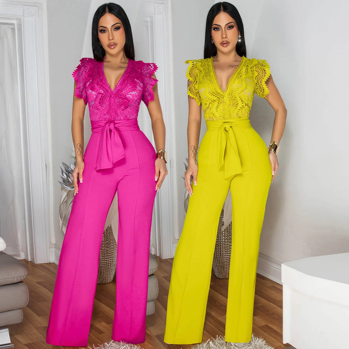 V-neck Sleeveless Solid-Color Jumpsuit