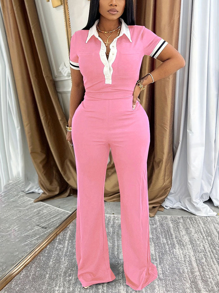 Classy Polo Crop Top & Wide Pants Set Navy / XL