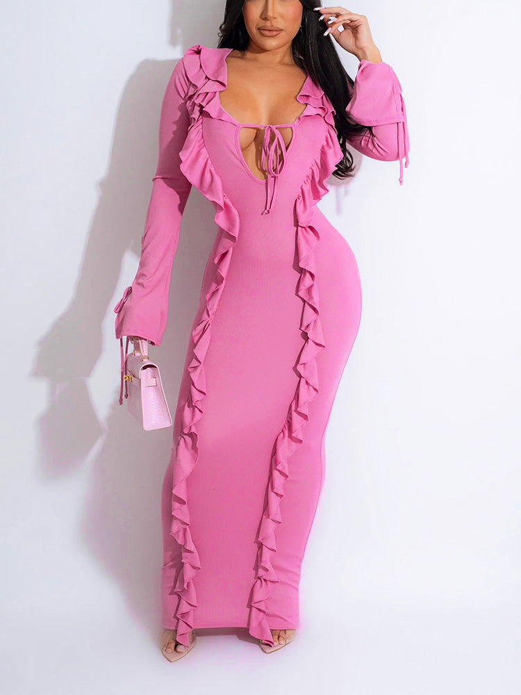 Ruffle Lace-Front Maxi Dress Apricot / S