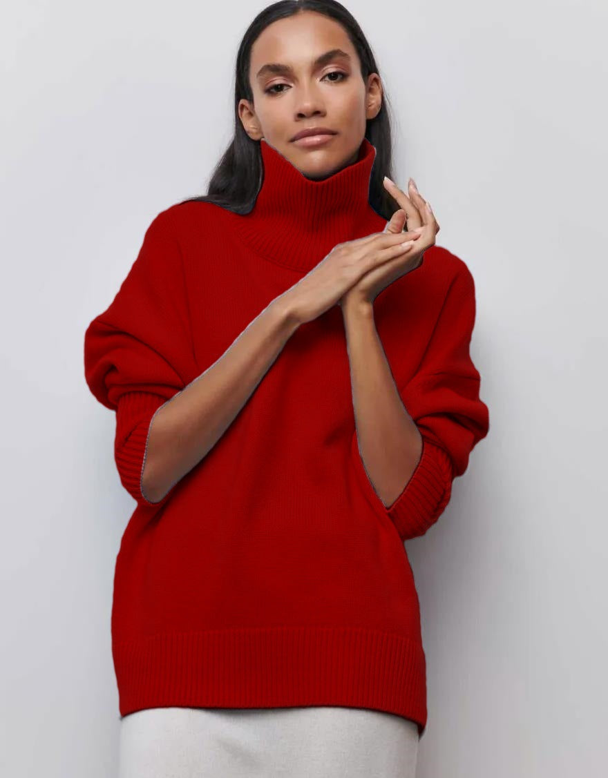 High-Neck Sweater Oversized Solid-Color Knit Cardigan