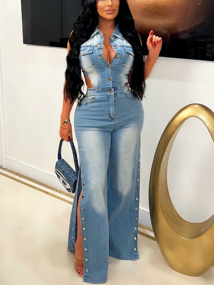 Snap It Out Wide Denim Jumpsuit Blue* / S