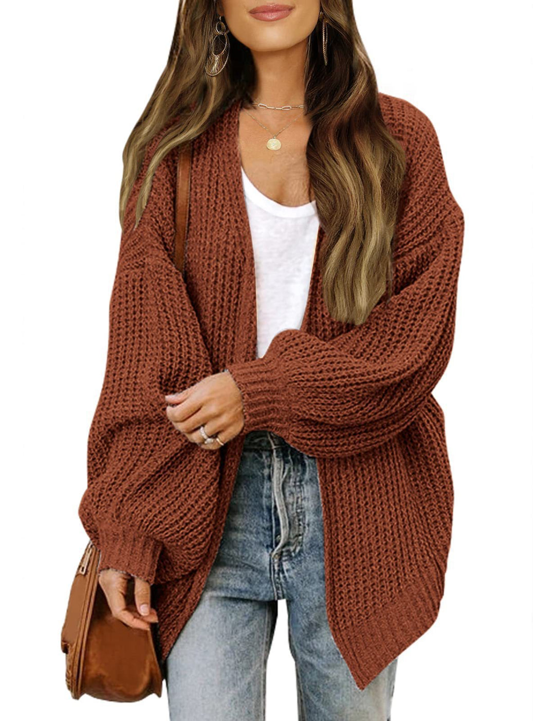 Bell-Sleeve Sweater Coat Chunky Knit Pocket Cardigan