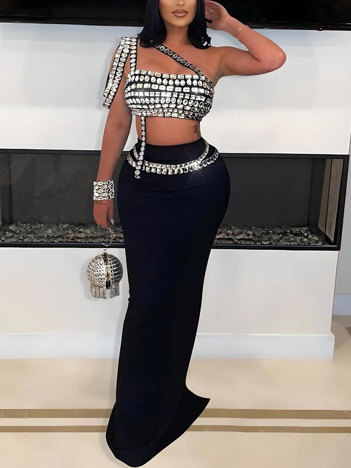 Rhinestone Tube Top & Skirt Set Black / S