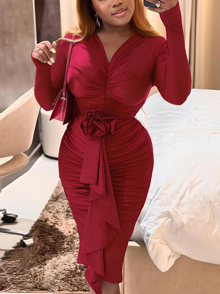 Ruched Rose Drape Dress Red / 2XL