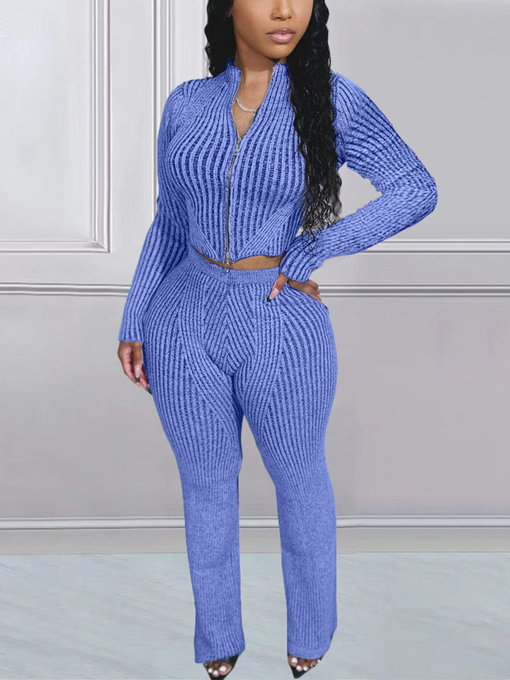 Knit Zipper Crop Top Slim Pants Set *Blue / S