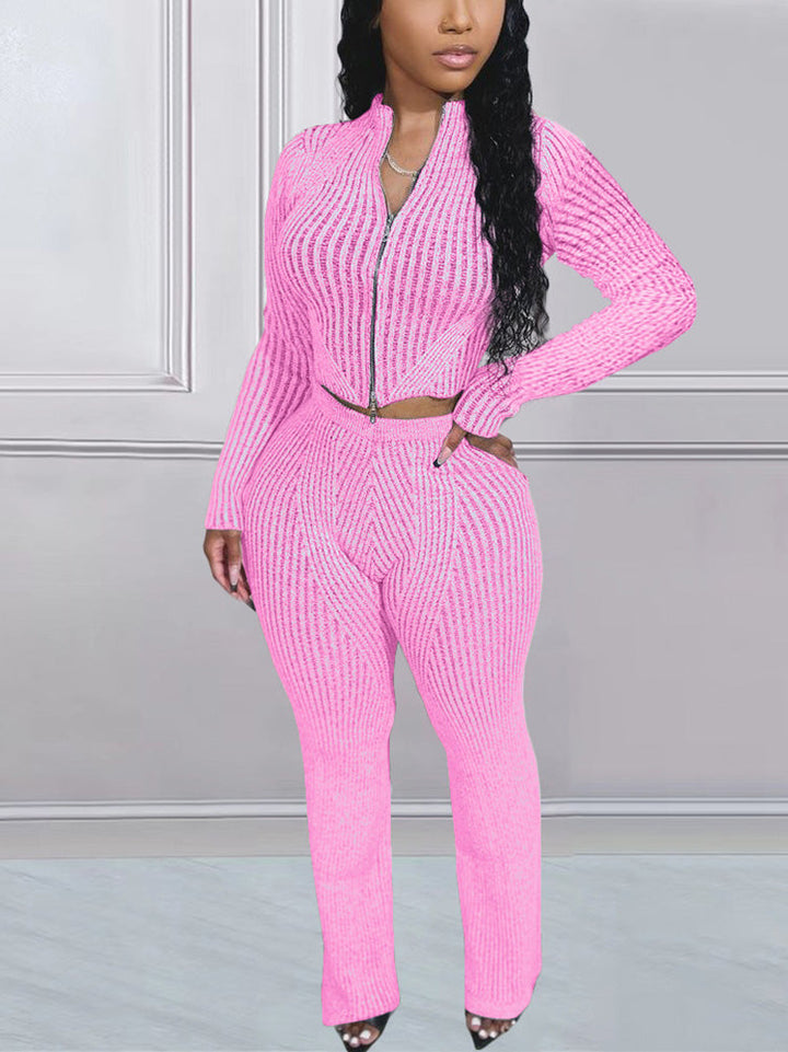 Knit Zipper Crop Top Slim Pants Set Pink* / L