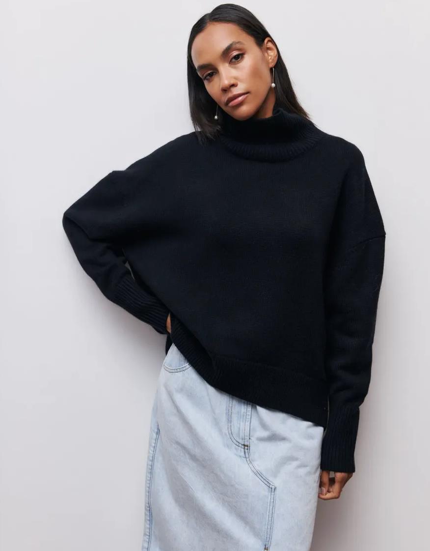 High-Neck Sweater Oversized Solid-Color Knit Cardigan