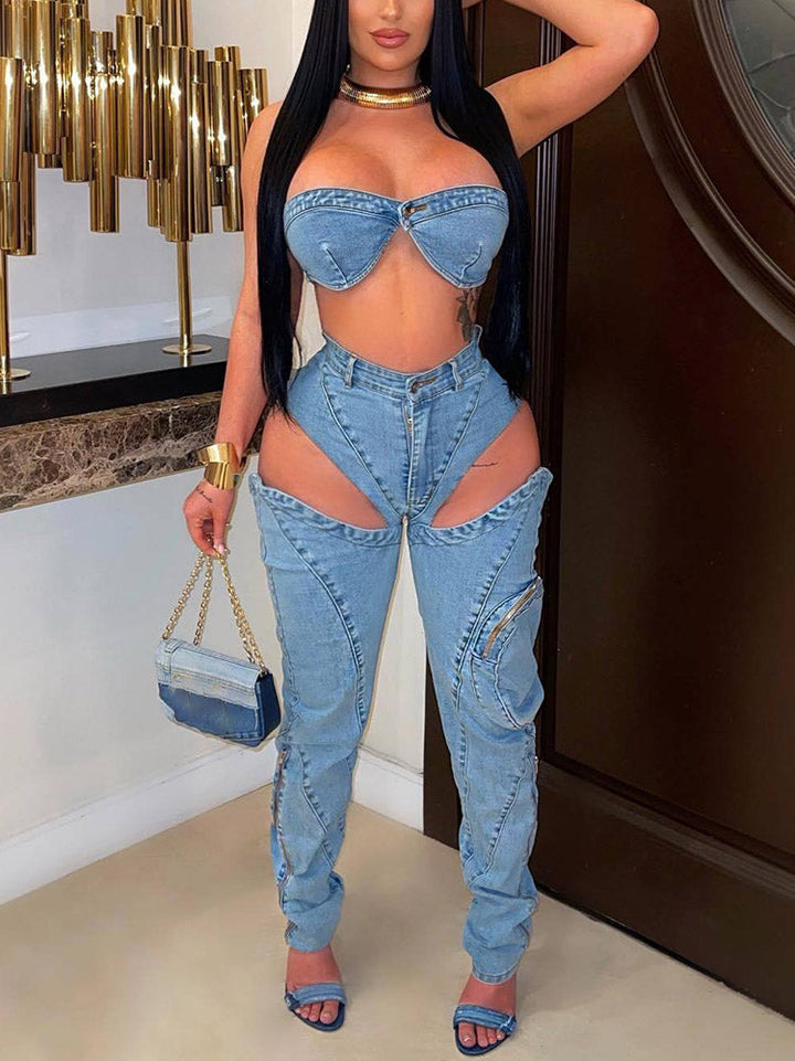 Denim Tube Top & Cutout Pants Set Blue / 2XL