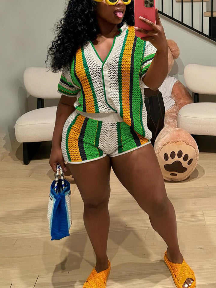 Colorblock Crochet Shorts Set Black / M