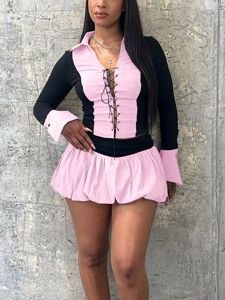 Lace-Up Top & Bubble Skort Set Sky Blue / L