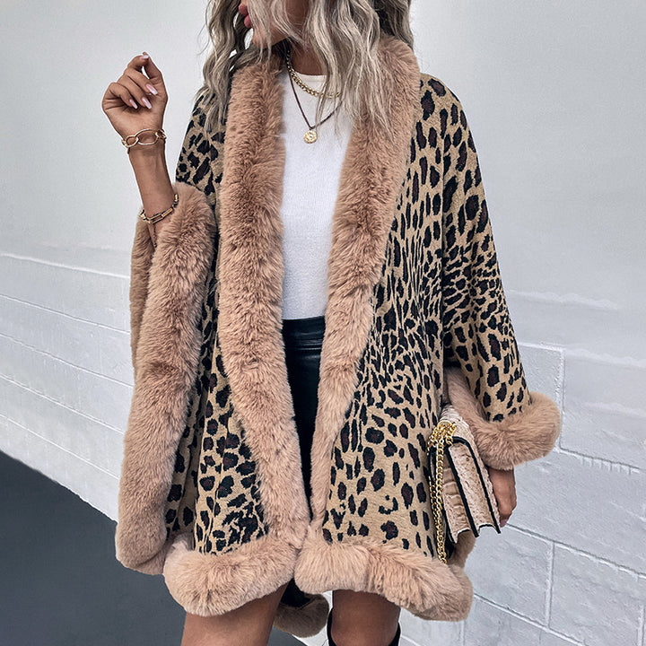 Leopard-Print Faux Fur Collar Cape Cardigan Shawl Sweater