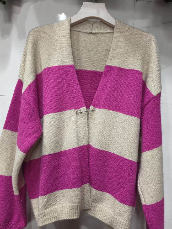 Contrast-Striped Cardigan Knit Sweater