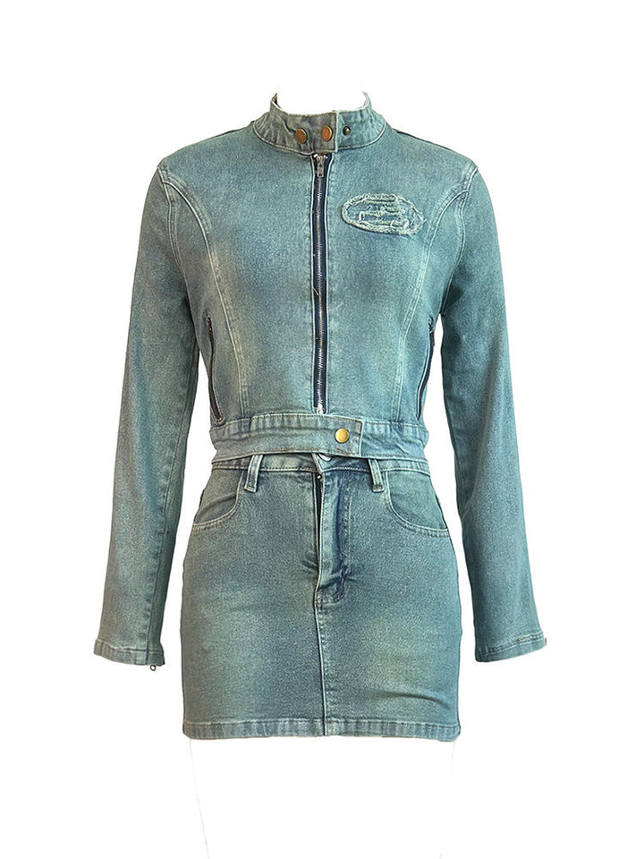 Vintage Patched Denim Jacket & Skirt Set *Blue / 2XL