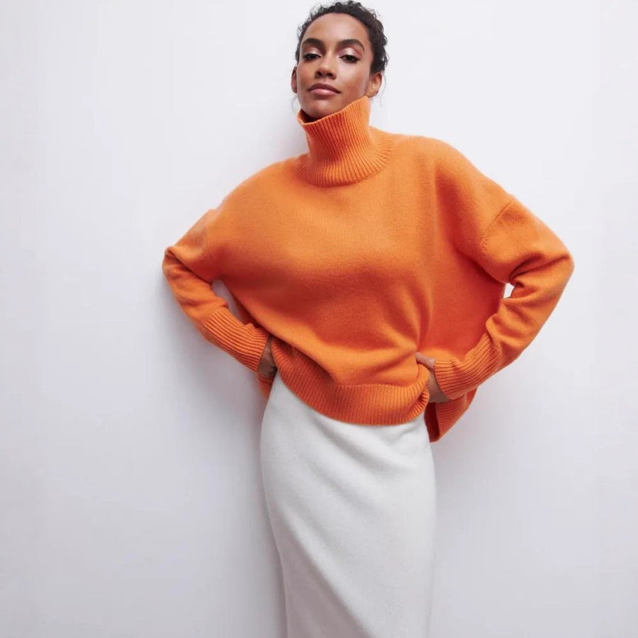 High-Neck Sweater Oversized Solid-Color Knit Cardigan