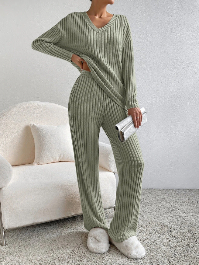 Straight-leg Pants With Relaxed Fit V-Neck Ribbed Knit Set